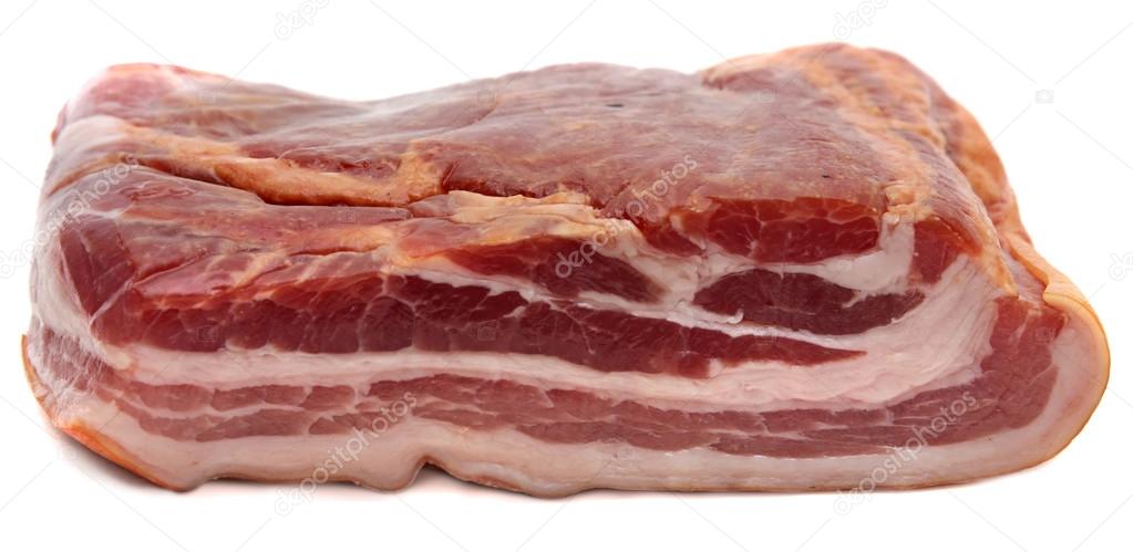 Piece of meat smoked bacon isolated white background.