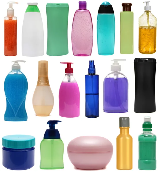 Colored plastic bottles with liquid soap and shower gel. — Stock Photo, Image