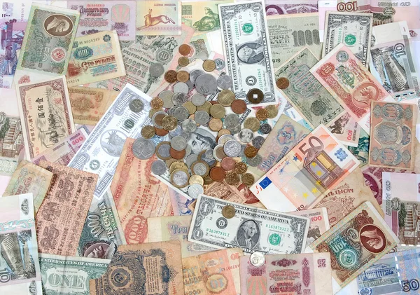 Many coins , banknotes of different countries and times. Money. — Stock Photo, Image
