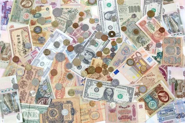 Many coins , banknotes of different countries and times. Money. — Stock Photo, Image