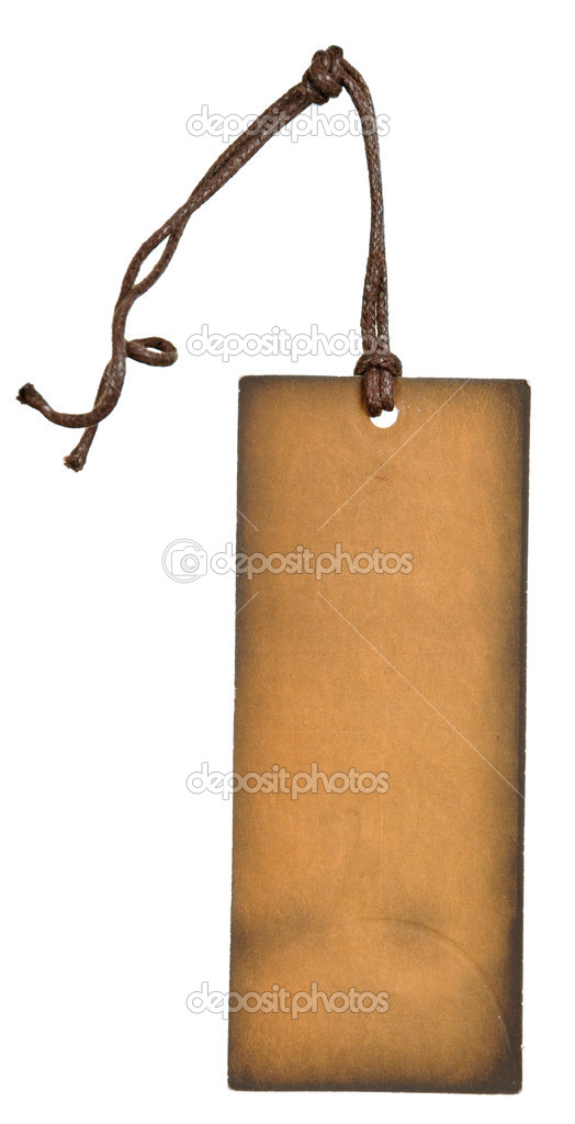 grungy aged paper tags with metal rivets and simple traditional strings, isolated  white background, highly detailed. Blank price tag