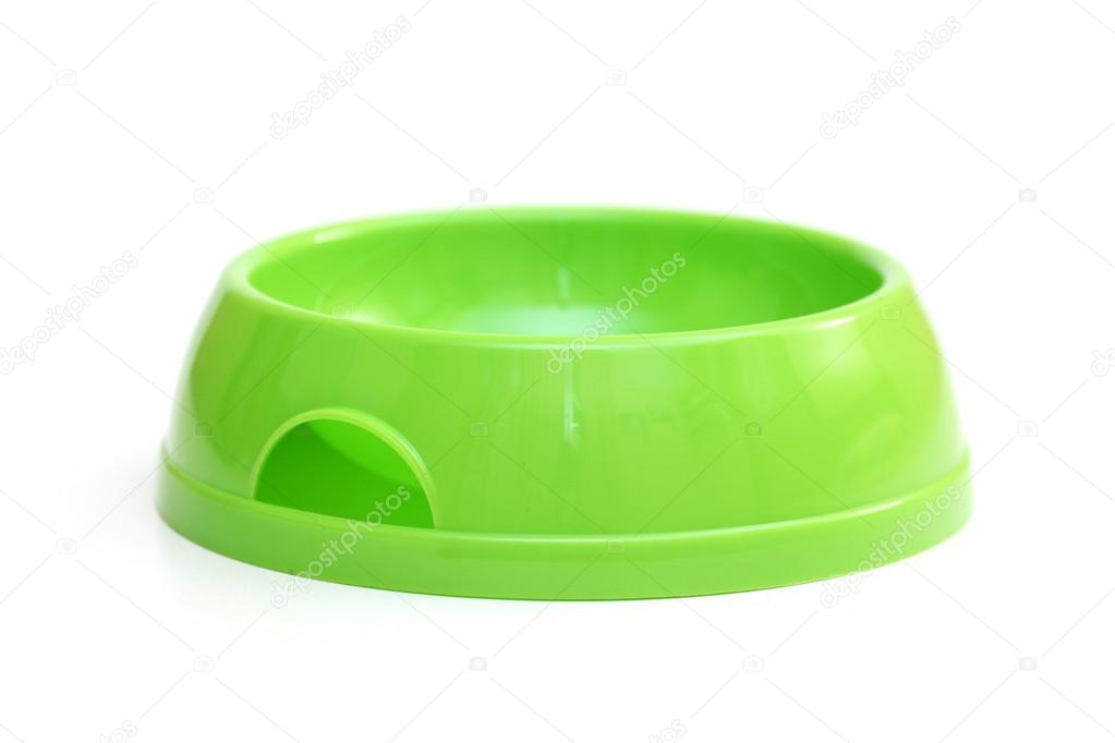 Empty dog bowls isolated on white background