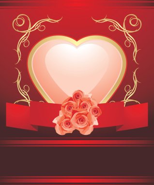 Pink heart with blooming roses. Valentines card
