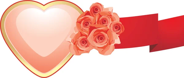 Corazón rosa con rosas y cinta roja — Vector de stock