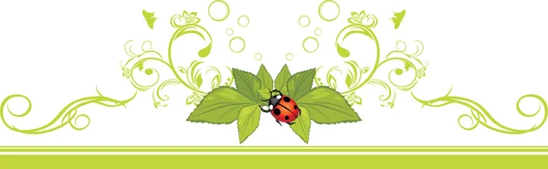 てんとう虫と緑の葉装飾的なボーダー — ストックベクタ