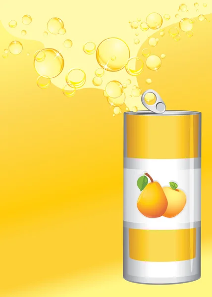 Boîte en aluminium ouverte avec limonade aux fruits sur fond jaune — Image vectorielle