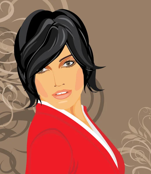 Portrait of brunette in a red blouse on the decorative background — Stock Vector