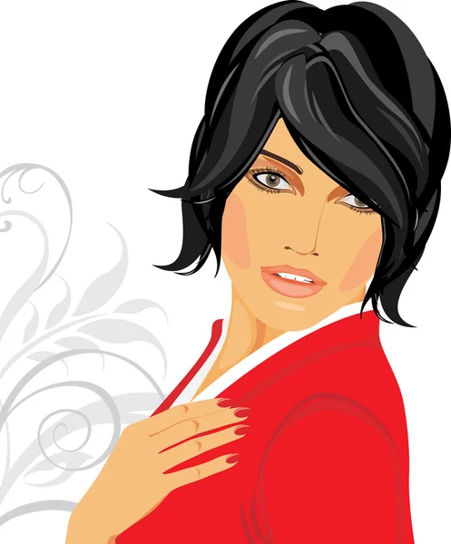 Portrait of brunette in a red blouse — Stock Vector