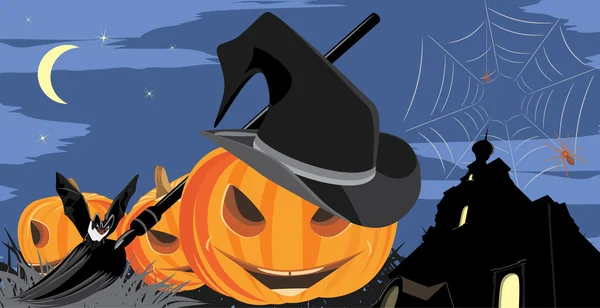 Halloweenpumpor, bat och spindlar på bakgrund av slottet — Stock vektor