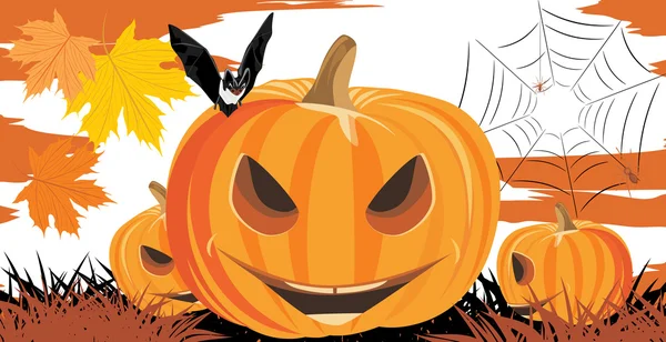 Halloween pumpkins, bat and spiders — Stock Vector