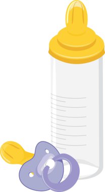 Bebek kukla ve süt şişesi üzerinde beyaz izole