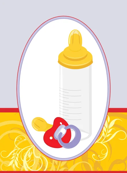 Baby dummy and milk bottle in the decorative frame — Stock Vector