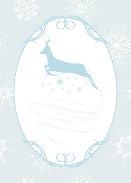 Silhouette of a running Christmas deer in the frame with snowflakes — Stock Vector