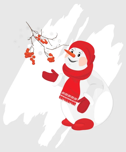 Bonhomme de neige avec branche rowan sur le fond abstrait — Image vectorielle