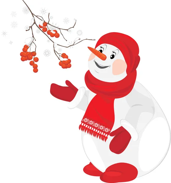 Un muñeco de nieve feliz con rama de rowan — Vector de stock