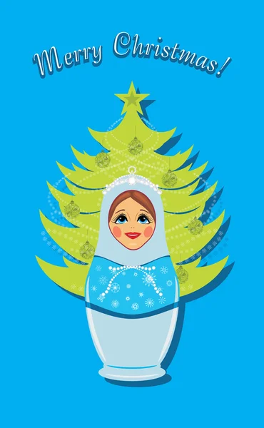 Vierge des neiges et sapin de Noël. Carte postale — Image vectorielle