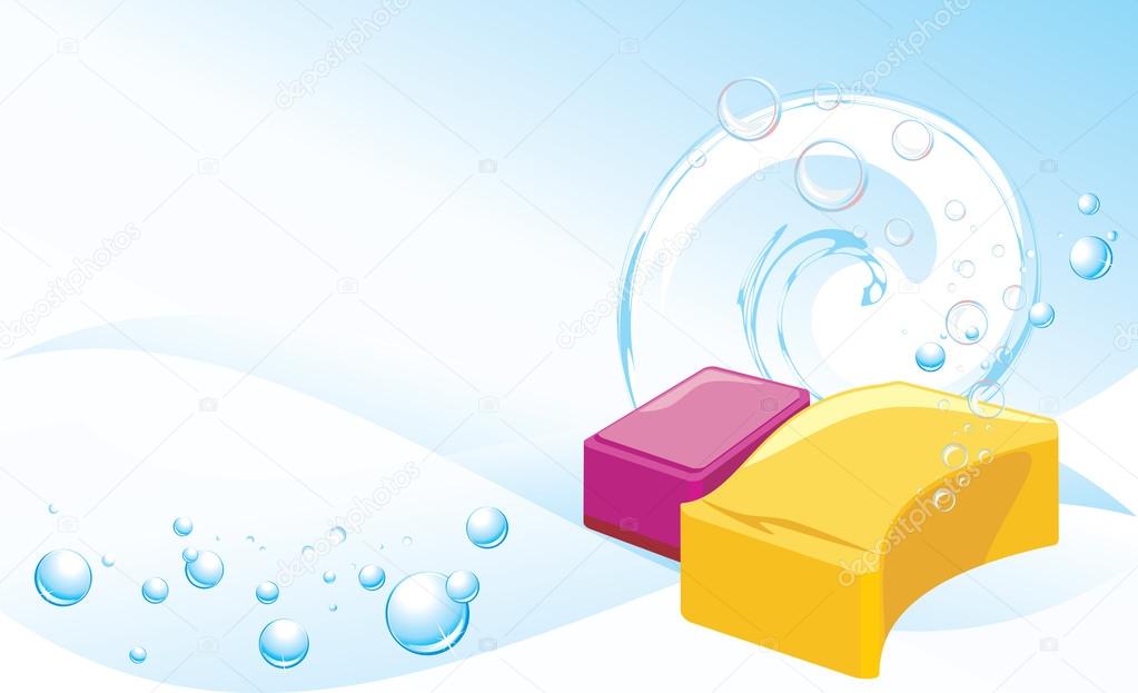 Sponges with soapy bubbles on the abstract background