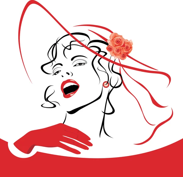 Femme élégante en chapeau rouge avec voile et roses — Image vectorielle