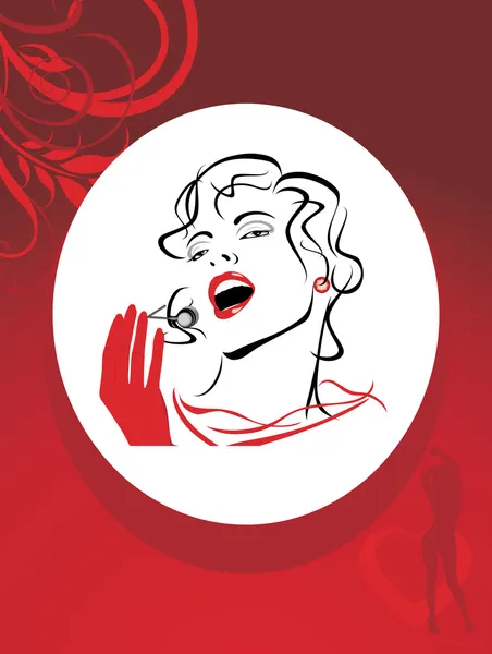 Portret van een vrouw mooi zingen in de decoratieve rood kader — Stockvector