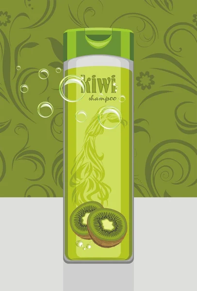 Kiwi frasco de shampoo no fundo ornamental —  Vetores de Stock