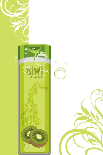 Kiwi bottiglia di shampoo sullo sfondo decorativo — Vettoriale Stock