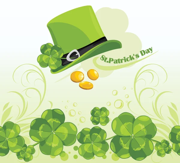 St Patrick's Day hatt och mynt i bakgrunden med klöver blad — Stock vektor