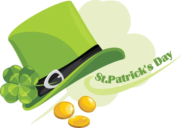 St. Patrick's Day-mössa med klöver löv och mynt — Stock vektor