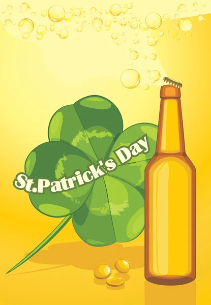 Beer bottle and clover leaf. Congratulation with St. Patrick's Day — Stock Vector