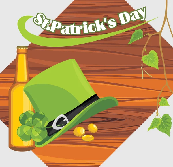 St. Patrick's Day hat and beer bottle on the wooden background — Stock Vector