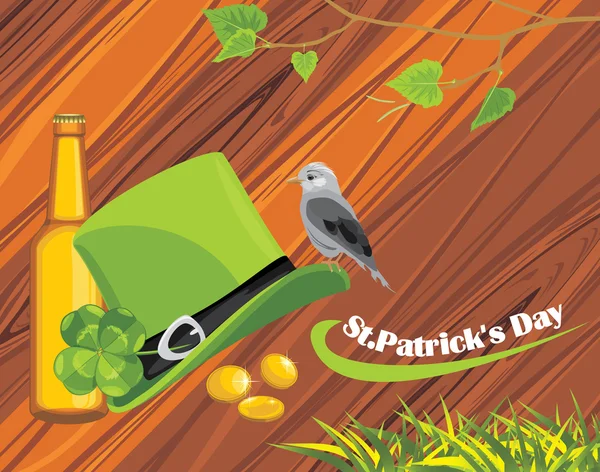 St patrick's day hatt, mynt och öl flaska på trä bakgrund — Stock vektor