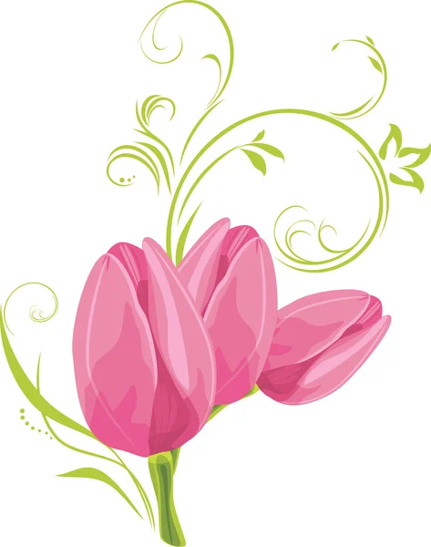 Three pink tulips with decorative sprig — Stock Vector