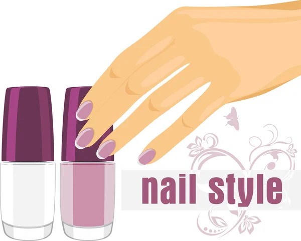 Mão feminina com manicure e esmalte. Banner para design — Vetor de Stock