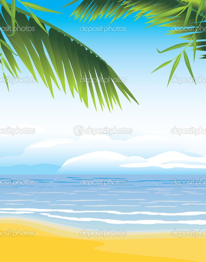 Palm branches on the coastline background