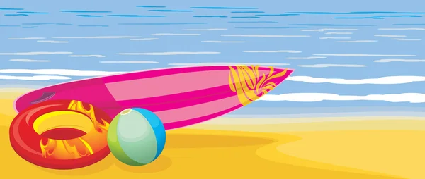 Tabla de surf, pelota de playa y colchón de natación en el paisaje marino — Vector de stock