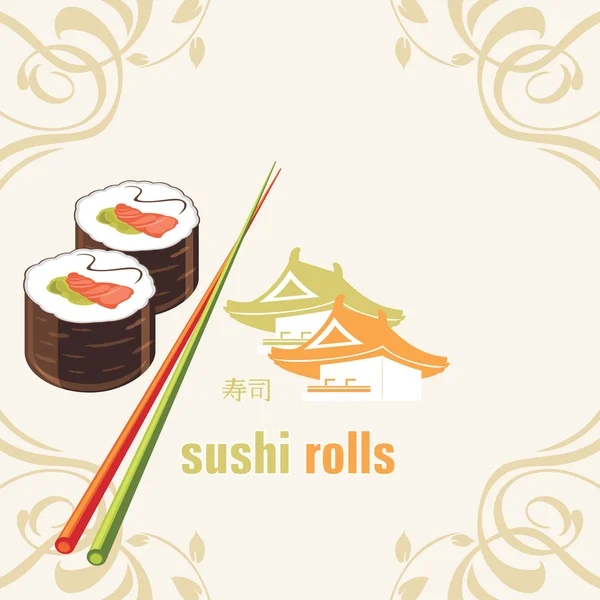 Rollos de sushi y palillos. Etiqueta de diseño — Vector de stock