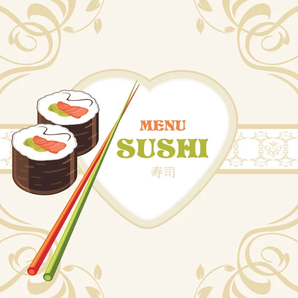 Rolos de sushi e pauzinhos. Etiqueta para design de menu — Vetor de Stock