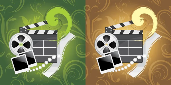 Objetos de la industria cinematográfica sobre el fondo ornamental — Vector de stock