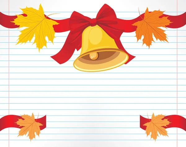 Cloche d'école avec arc rouge et feuilles d'érable sur la page du carnet — Image vectorielle