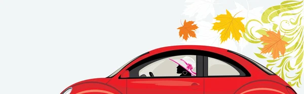 Condução mulher um carro vermelho no fundo abstrato com folhas de bordo — Vetor de Stock
