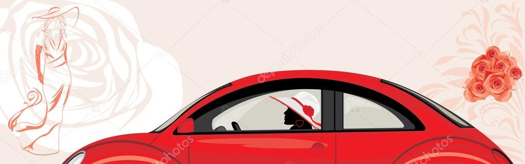 Driving woman a red car on the abstract fashion background
