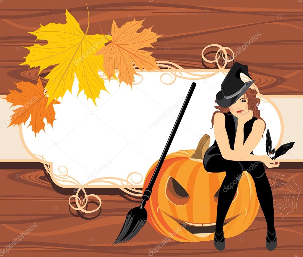 Halloween witch with a bat on the wooden background
