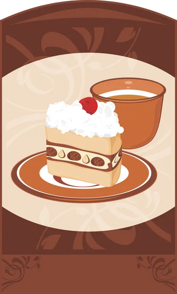 Saucer with cake and coffee cup on the ornamental brown background — Stock Vector