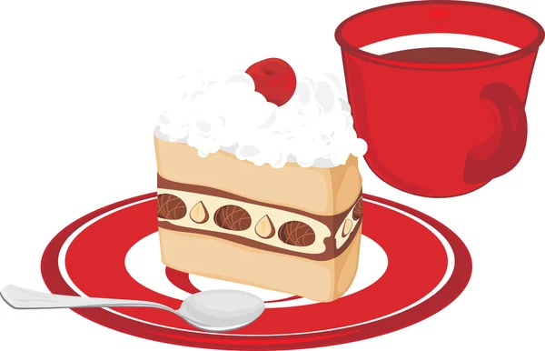 Πιατάκι με κέικ και φλιτζάνι καφέ απομονωμένη στο λευκό — Διανυσματικό Αρχείο