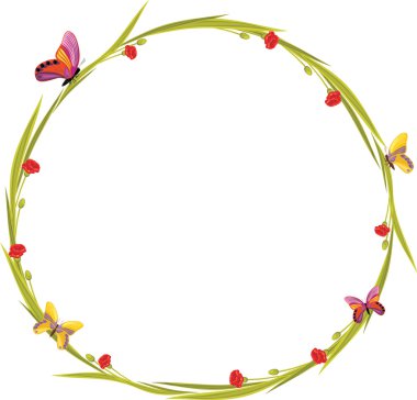 Kelebekler ve üzerinde beyaz izole kırmızı çiçek çelenk