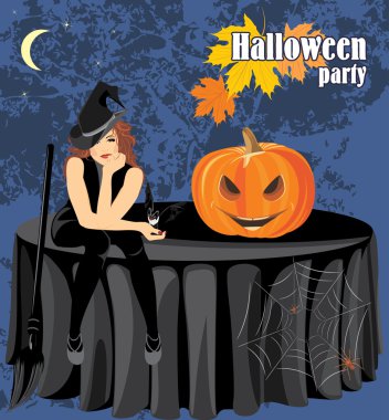 Halloween cadı bir yarasa ve masada oturan kabak