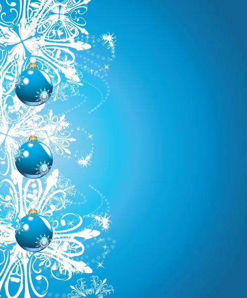 Boules de Noël bleu brillant sur le fond avec des flocons de neige — Image vectorielle