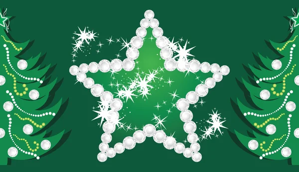 Zářící hvězda a vánoční stromky na temně zeleném pozadí — Stockový vektor