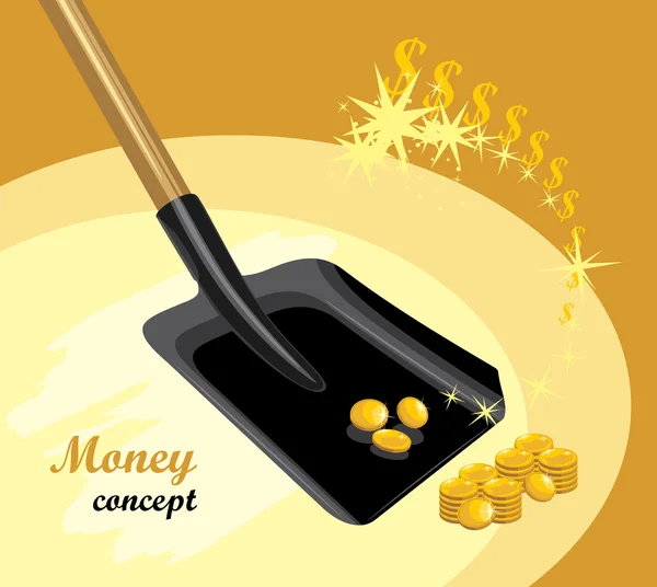 Shovel with golden coins. Money concept — Stock Vector