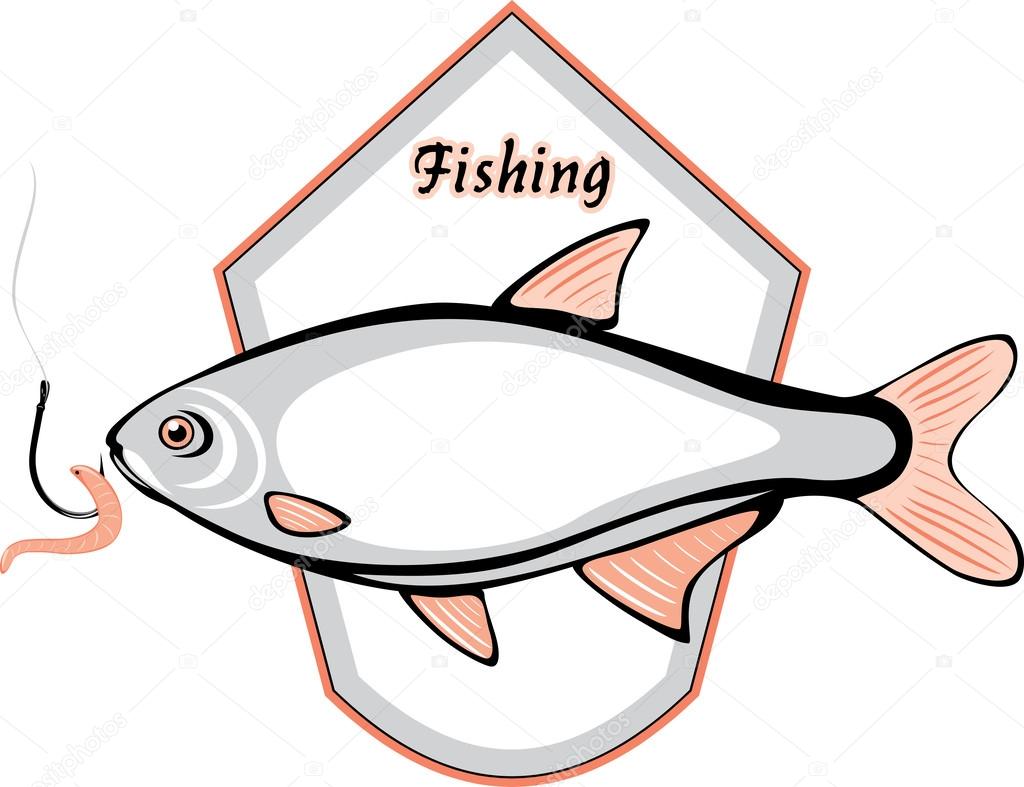 Fish and fishing hook with a worm. Label for design