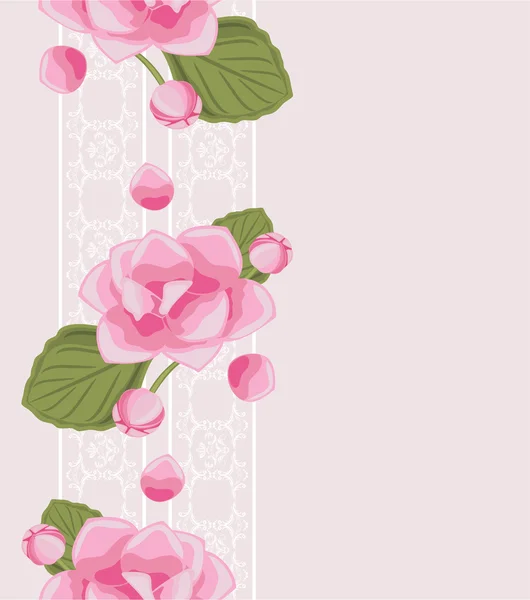 Decorative border with white lace and pink flowers — Stock Vector